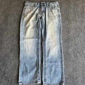 BKE Carter Bootleg Jeans Mens 33S Light Wash Distressed Thick Stitch Denim